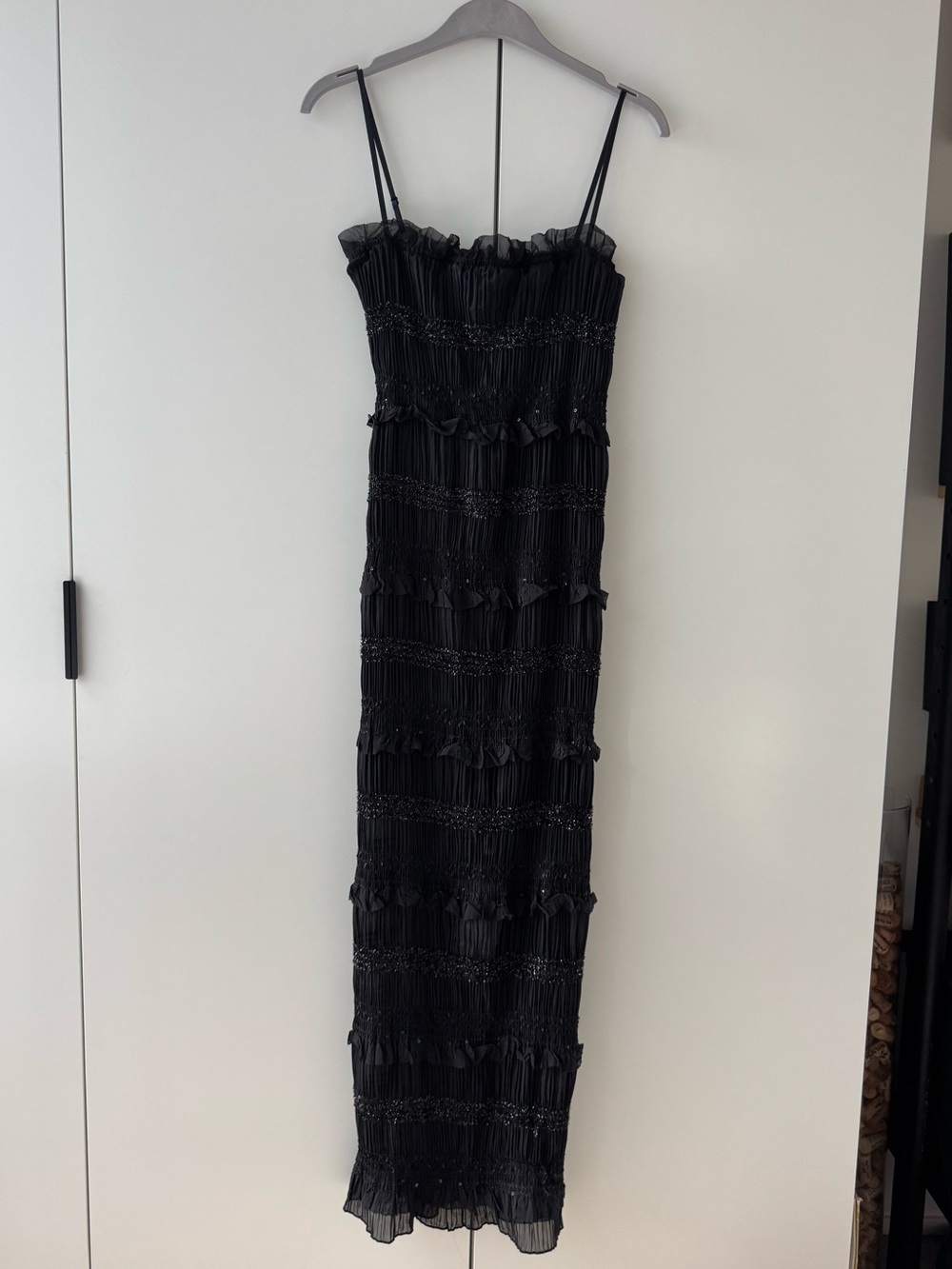 The Commense Black Sheer Crimped Midi Dress with Tinsel & Ruffles (NWT) - Size M